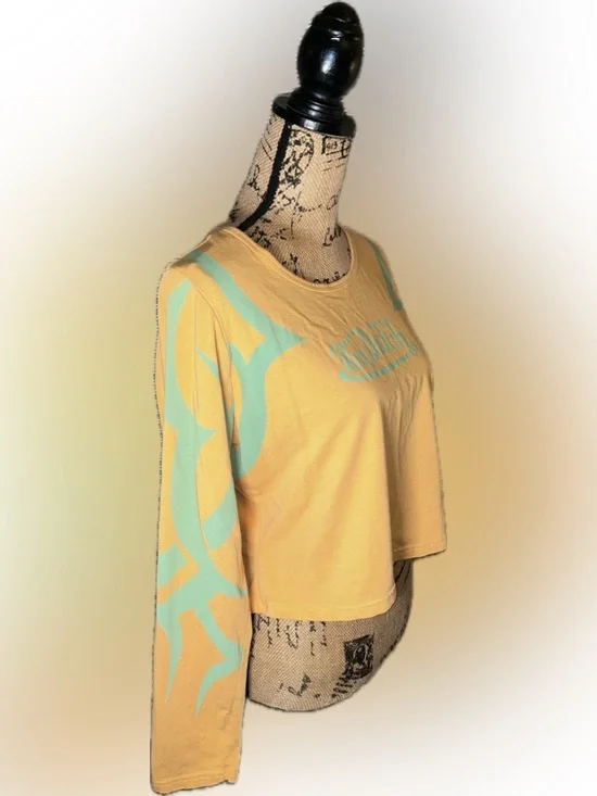 Von Dutch Cropped Yellow Orange Teal Tattoo Long Sleeve Scoop Neck Tee Shirt 1X - Picture 3 of 7